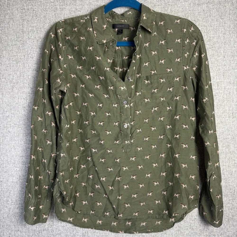 J.Crew Airedale Terrier Dog‎ Half Button Down Popover Henley Shirt Cotton/Silk 2 - Picture 2 of 6